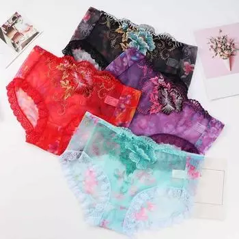 4 шт. Прозрачные кружевные трусики с цветочным узором, сетчатое нижнее белье для женщин, кружевные бесшовные трусики для девушек M-4Pcs Random