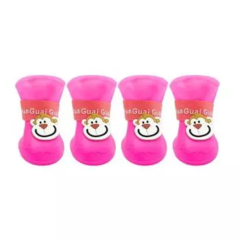 4 шт. ПВХ Дождевики для питомцев Конфетные цвета Застежка-липучка Обувь для собак Принт обезьянки Дождевые ботинки для питомцев Кошки S розовый