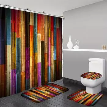 4 шт. Радужная занавеска для душа под дерево с 12 крючками Нескользящий коврик для ванной комнаты Полный набор декора для ванной комнаты с накладкой на крышку унитаза и ковриком U-образной формы 4pcs