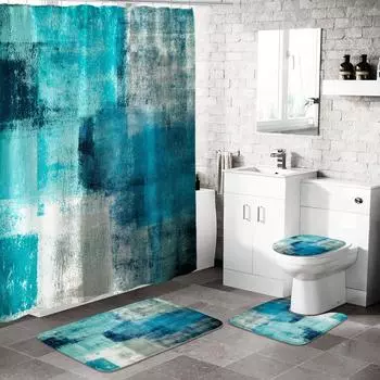 4 шт. роскошные белые и синие комплекты занавесок для душа, водонепроницаемые для ванной комнаты, нескользящие коврики для ванной комнаты, крышка для унитаза, коврик для ванной 4 Pcs Set
