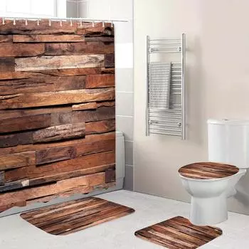 4 шт. роскошные деревянные планки с узором, наборы занавесок для душа, водонепроницаемые для ванной комнаты, нескользящие коврики для ванной комнаты, крышка для унитаза, коврик для ванной 4pcs-Full Set