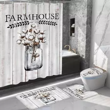 4 шт., роскошные комплекты занавесок для душа с цветочным узором в деревенском стиле, водонепроницаемые для ванной комнаты, нескользящие коврики для ванной комнаты, крышка для унитаза, коврик для ванной, набор для ванной комнаты 4Pcs