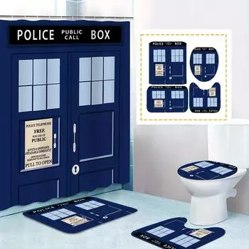 4 шт. роскошные мультяшные телефонные будки с принтом, наборы занавесок для душа, водонепроницаемые для ванной комнаты, нескользящие коврики для ванной комнаты, крышка для унитаза, коврик для ванной 4Pcs