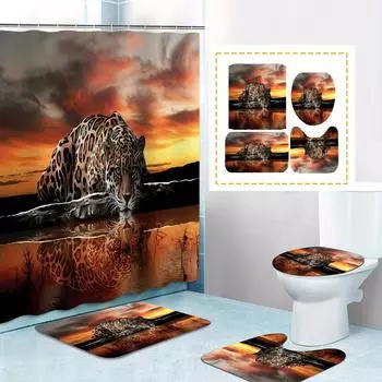 4 шт. роскошные наборы занавесок для душа с леопардовым принтом для ванной комнаты, нескользящие коврики для ванной комнаты, крышка для унитаза, коврик для ванной 4Pcs Full Set