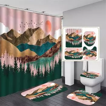 4 шт., роскошные наборы занавесок для душа Sun Mountain Forest, водонепроницаемые для ванной комнаты, нескользящие коврики для ванной комнаты, крышка для унитаза, коврик для ванной 4Pcs