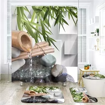 4 шт. роскошные наборы занавесок для душа из бамбукового камня, водонепроницаемые для ванной комнаты, нескользящие коврики для ванной комнаты, крышка для унитаза, коврик для ванной, набор для ванной комнаты 4Pcs