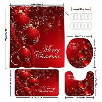 4 шт., роскошные рождественские праздничные красные фонарики, наборы занавесок для душа для ванной комнаты, нескользящие коврики для ванной комнаты, крышка для унитаза, коврик для ванной 4pcs-Full Set