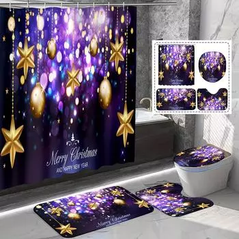 4 шт. роскошные рождественские шары с фиолетовыми звездами, наборы занавесок для душа для ванной комнаты, нескользящие коврики для ванной комнаты, крышка для унитаза, коврик для ванной 4PCS Full Set