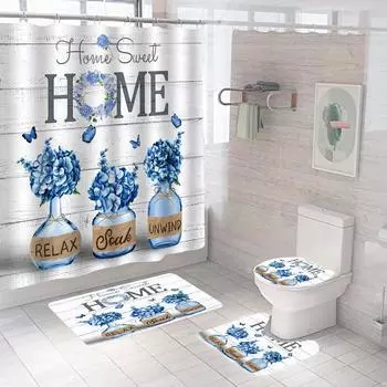 4 шт. роскошные синие занавески для душа с бабочкой и гортензией, водонепроницаемые для ванной комнаты, нескользящие коврики для ванной комнаты, крышка для унитаза, коврик для ванной, набор для ванной комнаты 4Pcs