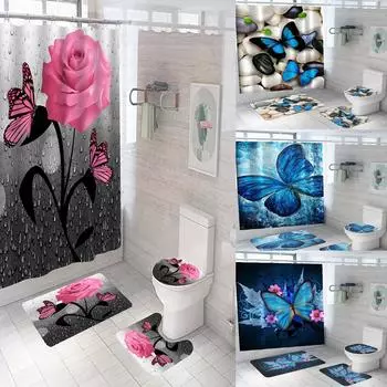 4 шт. роскошные занавески для душа с бабочками, набор геометрических полосок, шторы для аксессуаров для ванной комнаты, набор занавесок для ванны с крючками, водонепроницаемые 4PCS