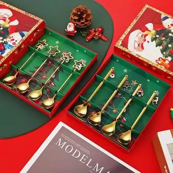 4 шт. Рождественская ложка из нержавеющей стали, рождественский набор кофейных ложек, золотой набор столовых приборов для домашнего ресторана, подвеска для рождественской вечеринки