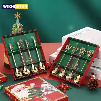 4 шт. Рождественская ложка из нержавеющей стали, рождественский набор кофейных ложек, золотой набор столовых приборов для домашнего ресторана и десерта Opp package
