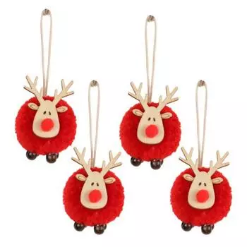 4 шт. Рождественские украшения в виде оленя, фетровые плюшевые подвесные украшения в виде оленя с деревянной головой 4pcs красный