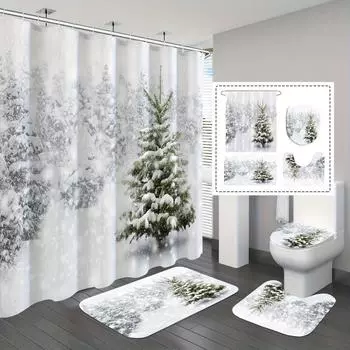 4 шт. Рождественские заснеженные сосны водонепроницаемая занавеска для душа с 12 крючками нескользящий коврик для ванной комнаты коврик для унитаза U-образный чехол для крышки унитаза 4Pcs
