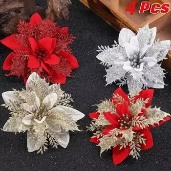 4 шт. Рождественский блеск Пуансеттия искусственные шелковые цветы Рождественская елка украшения венки разноцветный