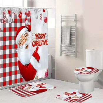 4 шт. Рождественский комплект занавесок для душа, водостойкий с 12 крючками, нескользящий коврик для ванной комнаты, U-образный коврик для унитаза, накладка на крышку унитаза 4pcs-Full Set