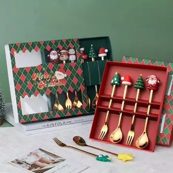 4 шт. Рождественский подарок Праздничная домашняя вечеринка Десертная кофейная ложка, кухня, Рождественский подарок One Size