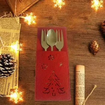 4 шт., Рождественский резак, держатель для вилок, квадратная рождественская елка, снежинка, полый узор, карманная сумка для столовых приборов, тканевый органайзер для посуды, декор стола красный
