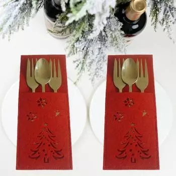 4 шт., рождественский резак для дерева, полый держатель для вилок, квадратный рождественский узор со снежинкой, карманная сумка для столовых приборов, ткань красный
