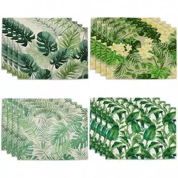 4 шт. салфетки для стола с принтом тропических листьев, зеленые листья, напечатанные для столов, льняные салфетки для стола, домашняя кухня, обеденные подкладки 32x42cm