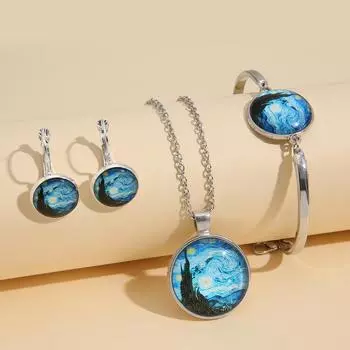 4 шт. Серьги, ожерелье и браслет, набор украшений с масляной живописью Ван Гога серебряный