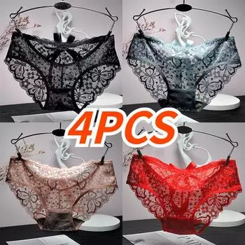 4 шт. сексуальное нижнее белье перспективные кружевные женские трусики с цветочным принтом однотонные трусы женские трусы дышащее женское нижнее белье M серый/синий
