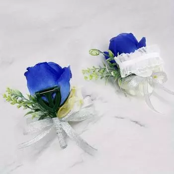 4 шт. шелковые розы бутоньерка цветок на запястье искусственный цветок на руку с лентой искусственный корсаж с зажимом и лентой для невесты жениха свадьба выпускной 4 Pcs синий