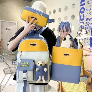 4 шт., школьный рюкзак с милым медведем, водостойкий рюкзак из ткани Оксфорд для учащихся начальной школы, модный контрастный рюкзак для кампуса, сумка чёрный