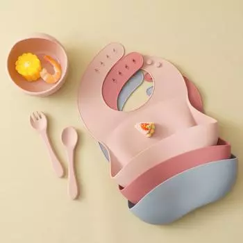 4 шт. силиконовый набор для кормления ребенка, обучающая посуда для младенцев, миска с присоской, водонепроницаемый нагрудник для новорожденного малыша, обучающая ложка, детские вещи