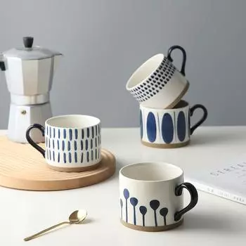 4 шт. Синяя цветная грубая керамическая чашка для кофе, чашка для завтрака, емкость 450 мл, расписанная вручную подглазурная цветная керамическая кружка для молока