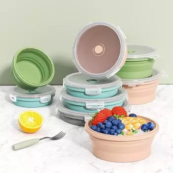 4 шт. Складной силиконовый ланч-бокс Bento Box 800 мл, контейнеры для хранения еды, круглые миски для приготовления еды с