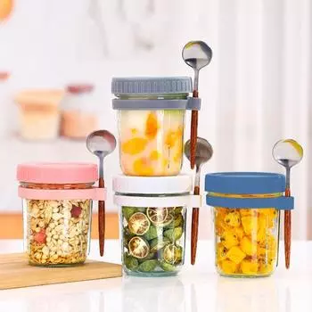 4 шт. стеклянная чашка Mason, контейнеры для овса на ночь с крышками и ложками, герметичные банки для молочных хлопьев, фруктов