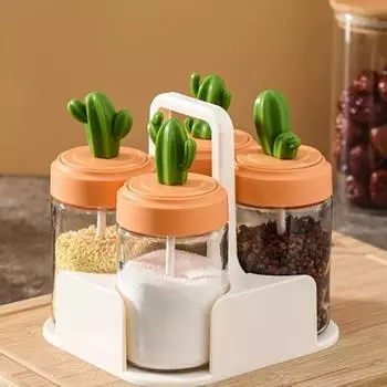 4 шт. стеклянных банок для приправ в виде кактуса, горшочек для приправ с ложкой, банки для специй, контейнеры для сахара, соли, перца, кухонные канистры, горшки