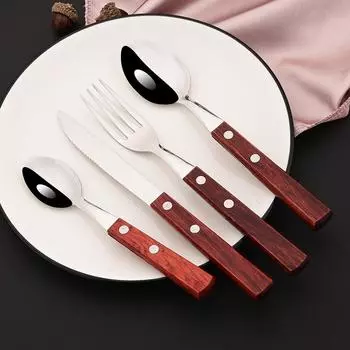 4 шт. столовых приборов с деревянной ручкой, набор столовых приборов из нержавеющей стали, столовые приборы, нож для стейка, вилка, ложка, столовое серебро, западные столовые приборы