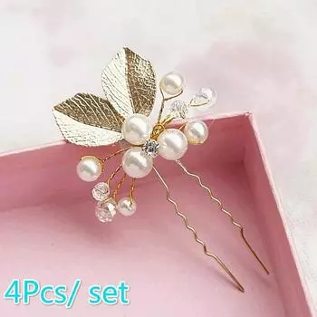4 шт. свадебная заколка для волос для подружки невесты с жемчугом и золотым листом