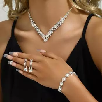4 шт. Свадебный женский комплект ювелирных изделий с кисточками и стразами, серьги, ожерелье, браслет, роскошные модные аксессуары для вечеринок Silver&45cm