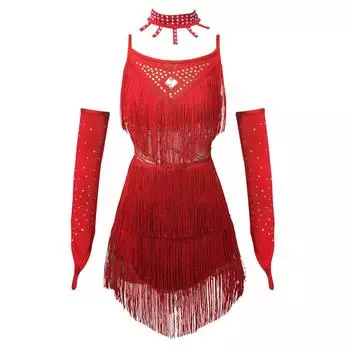 4 шт. Танцевальный костюм с кисточками, платье с шортами-боксерами, рукавами и воротником, комплект для детей, девочек, костюм для выступлений 5-6 Years красный