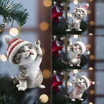 4 шт., украшения для рождественской елки в виде кошки, подвеска для зеркала заднего вида, украшение для салона автомобиля, акриловое подвесное украшение, подарки 4pcs