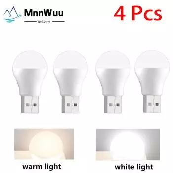 4 шт. USB-лампа для компьютера, мобильного телефона, зарядное устройство USB, маленькие книжные лампы, светодиодная лампа для защиты глаз, небольшой круглый светильник, ночник 4 Pcs Warm white