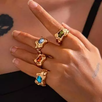 4 шт. Винтажный стиль ретро плиссированные кольца набор Y2K аксессуары модные ювелирные изделия золото серебро цвет кристалл открывающееся кольцо