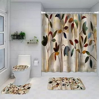 4 шт. Водонепроницаемая занавеска для душа с 12 крючками Нескользящий коврик для ванной комнаты, U-образный коврик для унитаза и накладка на крышку унитаза Набор для ванной комнаты 4Pcs