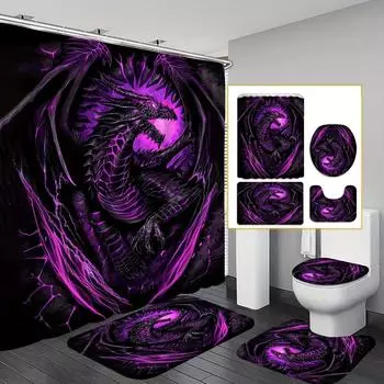 4 шт. Водонепроницаемая занавеска для душа с рисунком дракона и 12 крючками, нескользящий коврик для ванной, коврик для унитаза в форме буквы U, накладка на крышку унитаза 4pcs-Full Set