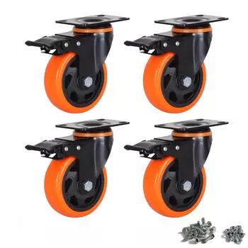 4 шт. в упаковке 4-дюймовые прочные мебельные ролики, поворотные передние резиновые колеса, уличные ролики выдерживают 300 фунтов (4 вертлюга с тормозами) 4pcs оранжевый