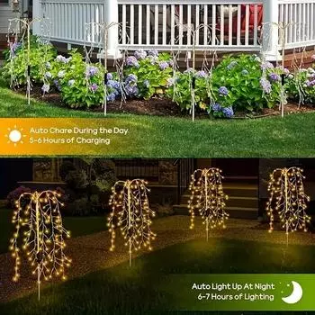 4 шт. в упаковке, солнечные фейерверки, уличные водонепроницаемые фейерверки для ивового дерева, светодиодные украшения для сада, газона, праздничные гирлянды, гирлянды