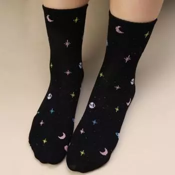 4 шт. Забавные носки-трубы с изображением планеты и космоса, женские носки до середины икры с рисунком, новинка, носки с изображением луны и звезд, подарки 4pcs black