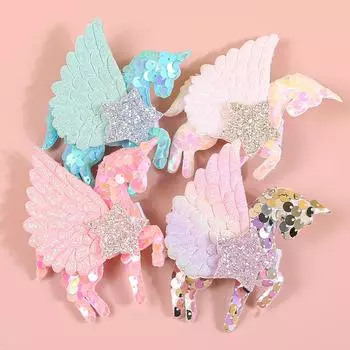 4 шт. Заколки для волос в виде единорога для девочек, милые заколки-автоматы с крыльями и пайетками в виде единорога, детские аксессуары для волос для девочек