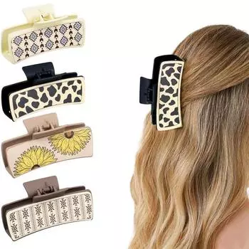 4 шт. заколки-крабы для волос из искусственной кожи в западном стиле - квадратные заколки-крабы с желтой хризантемой для укладки волос в юго-западном стиле, большие эстетические аксессуары для волос разноцветный
