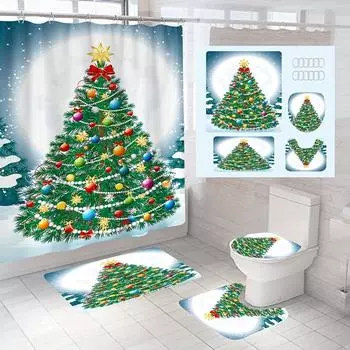 4 шт. занавеска для душа «Рождественская елка» с 12 крючками и нескользящим ковриком для ванной комнаты Набор декора для ванной комнаты с накладкой на крышку унитаза и U-образным ковриком 4Pcs