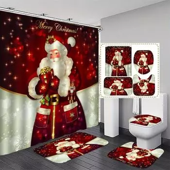 4 шт., занавеска для душа с Рождеством, тканевые шторы с изображением оленей, нескользящий коврик для ванной комнаты, U-образный коврик для унитаза, крышка для унитаза, накладка 4Pcs