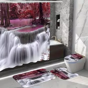 4 шт., занавеска для душа с водопадом и красными деревьями, нескользящий коврик для ванной комнаты, U-образный коврик для унитаза и крышка для унитаза, декор для ванной комнаты 4Pcs